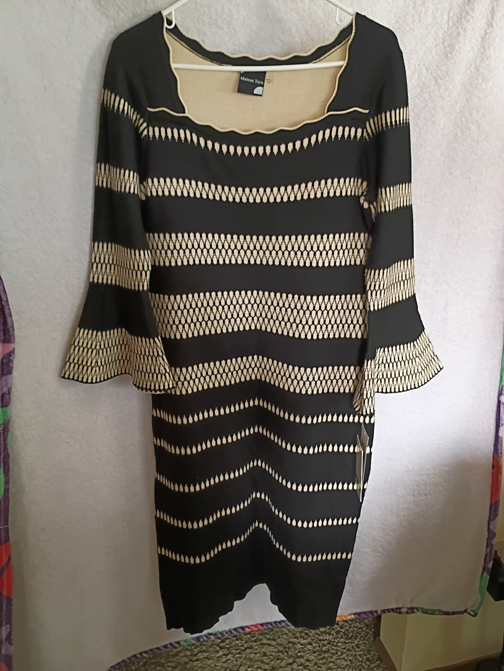 Flattering Melissa Tyson Black & Cream Striped Knit Dress